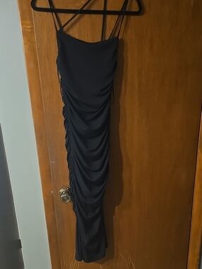 Abercrombie & Fitch Black Ruched Maxi Slip Dress with Thin Straps
